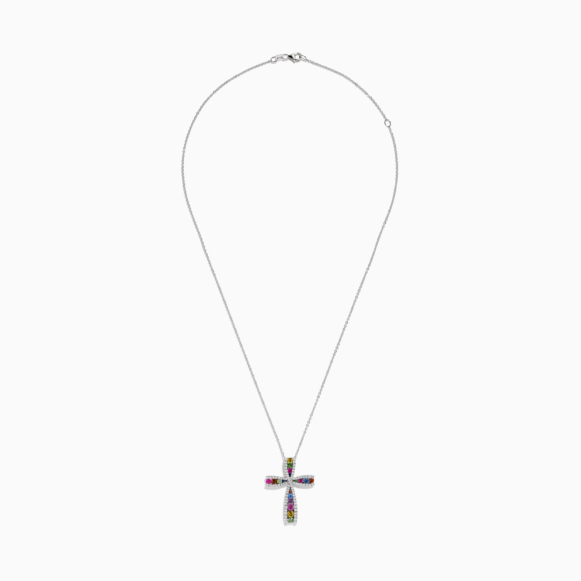 The Watercolors 14K White Gold Multi Sapphire and Diamond Cross Pendant shines on a white gold chain, featuring vibrant sapphires and sparkling diamonds, shown against a white background.