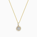 The Duo 14K Two Tone Gold Diamond Halo Pendant (0.42 TCW) features concentric diamond halos and additional diamonds on the bail, suspended from a 14K gold chain.