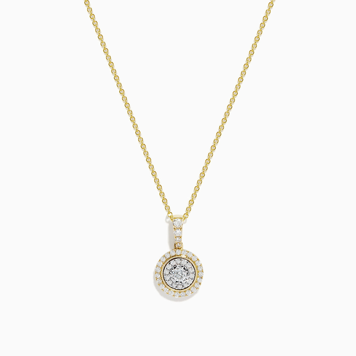 The Duo 14K Two Tone Gold Diamond Halo Pendant (0.42 TCW) features concentric diamond halos and additional diamonds on the bail, suspended from a 14K gold chain.