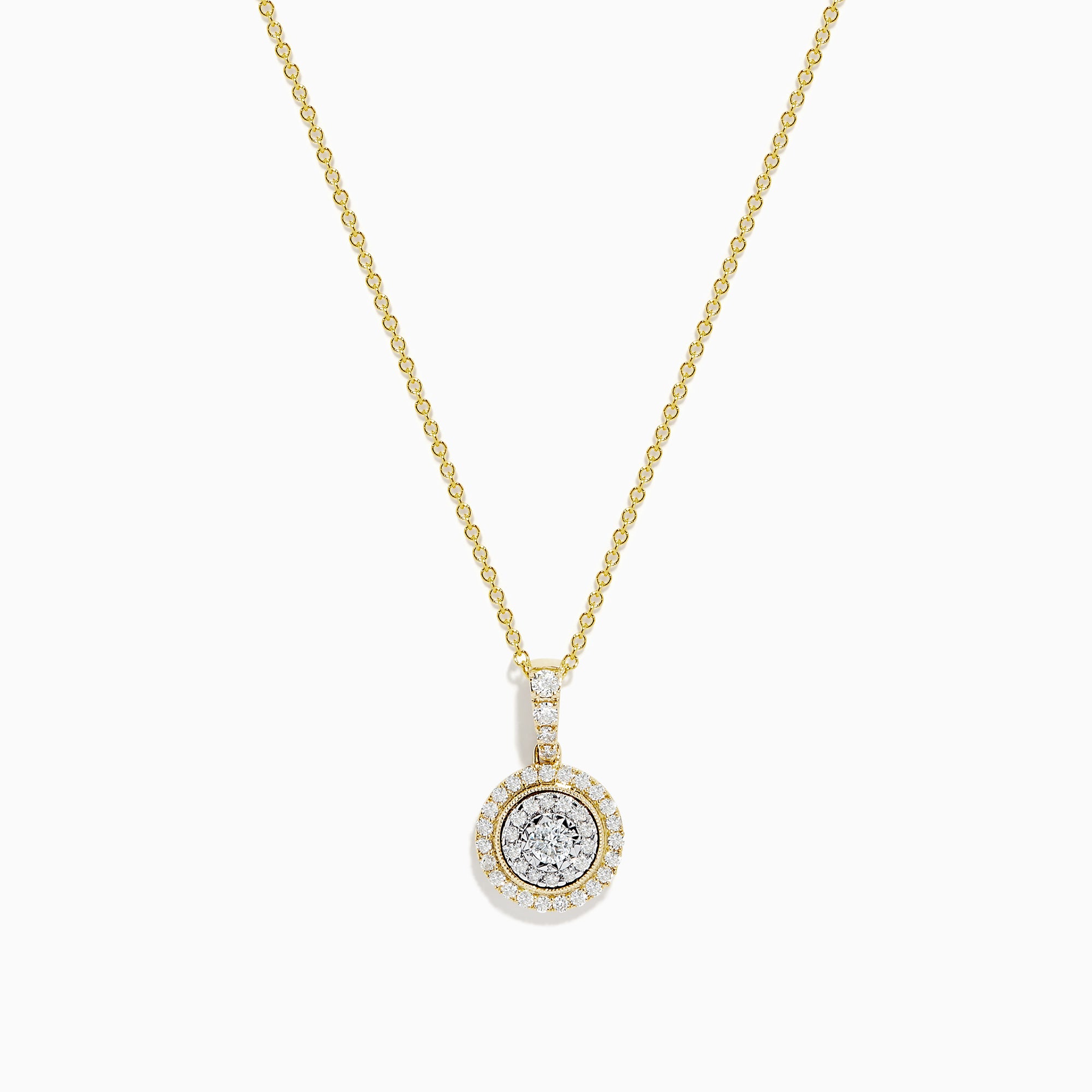 The Duo 14K Two Tone Gold Diamond Halo Pendant (0.42 TCW) features concentric diamond halos and additional diamonds on the bail, suspended from a 14K gold chain.