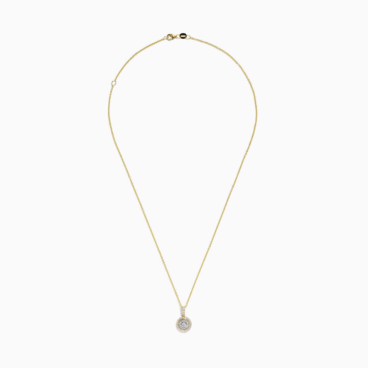 The Duo 14K Two Tone Gold Diamond Halo Pendant (0.42 TCW) features concentric diamond halos and additional diamonds on the bail, suspended from a 14K gold chain.