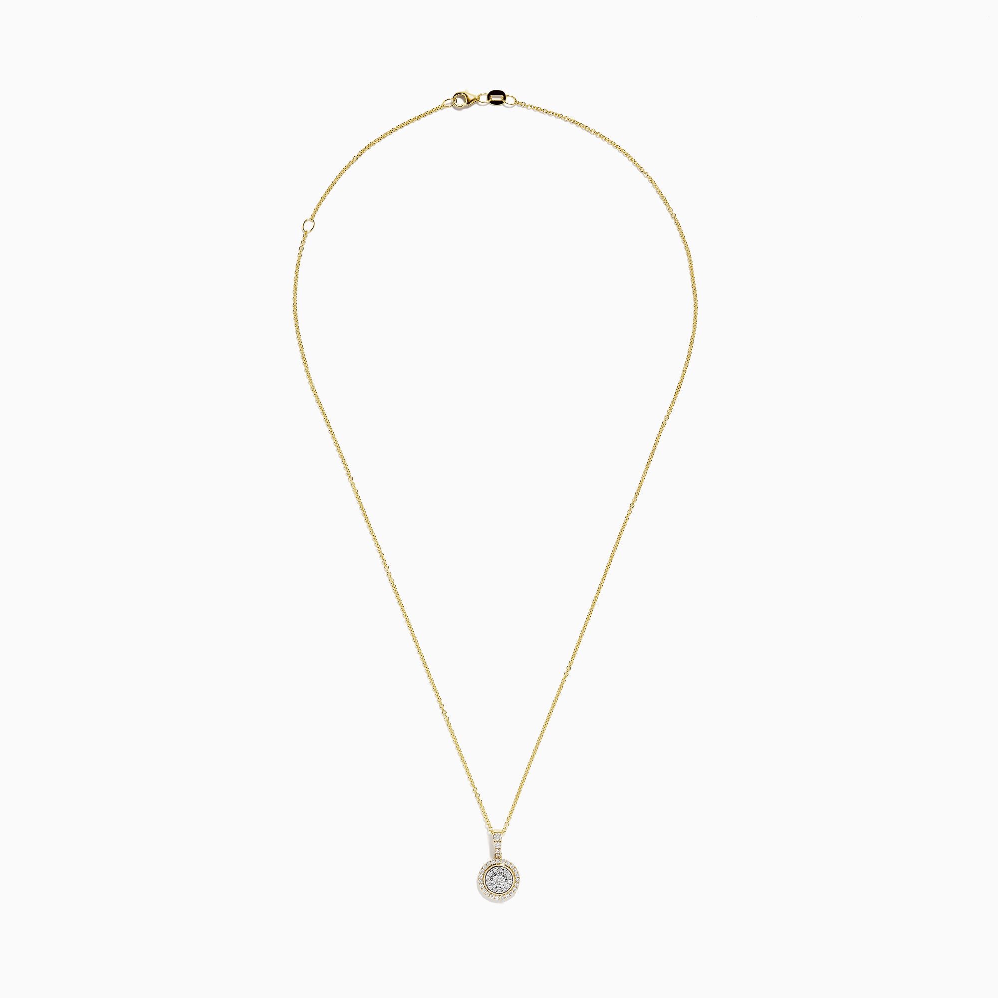 The Duo 14K Two Tone Gold Diamond Halo Pendant (0.42 TCW) features concentric diamond halos and additional diamonds on the bail, suspended from a 14K gold chain.