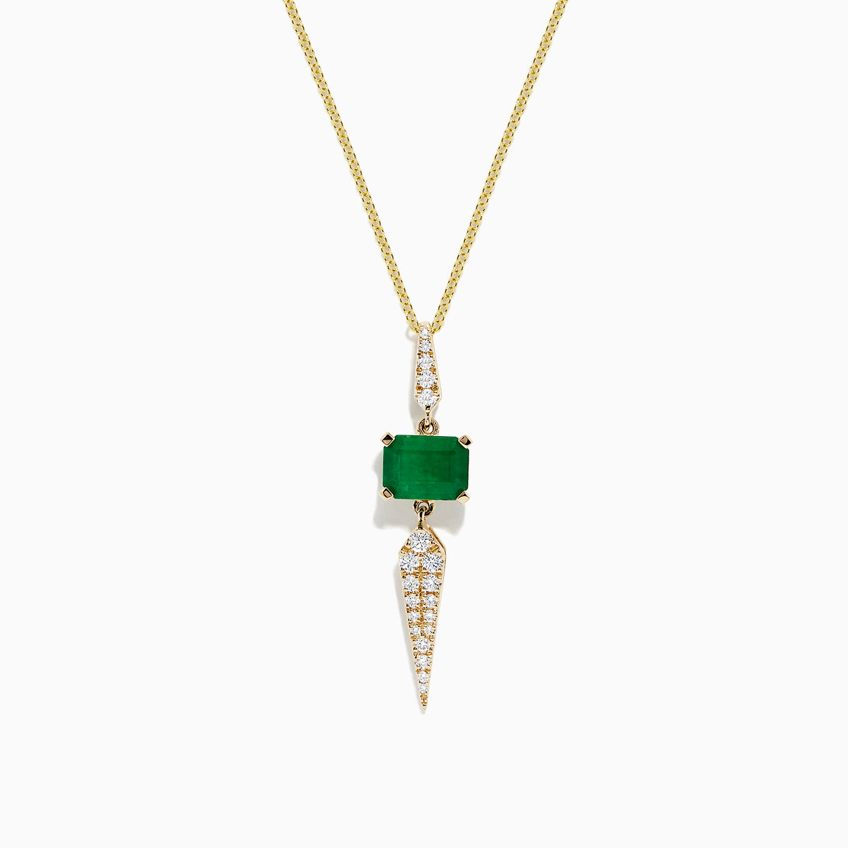Brasilica 14K Yellow Gold Emerald and Diamond Pendant, 1.66 TCW: A yellow gold necklace with an emerald pendant above a pointed drop adorned with sparkling white diamonds.