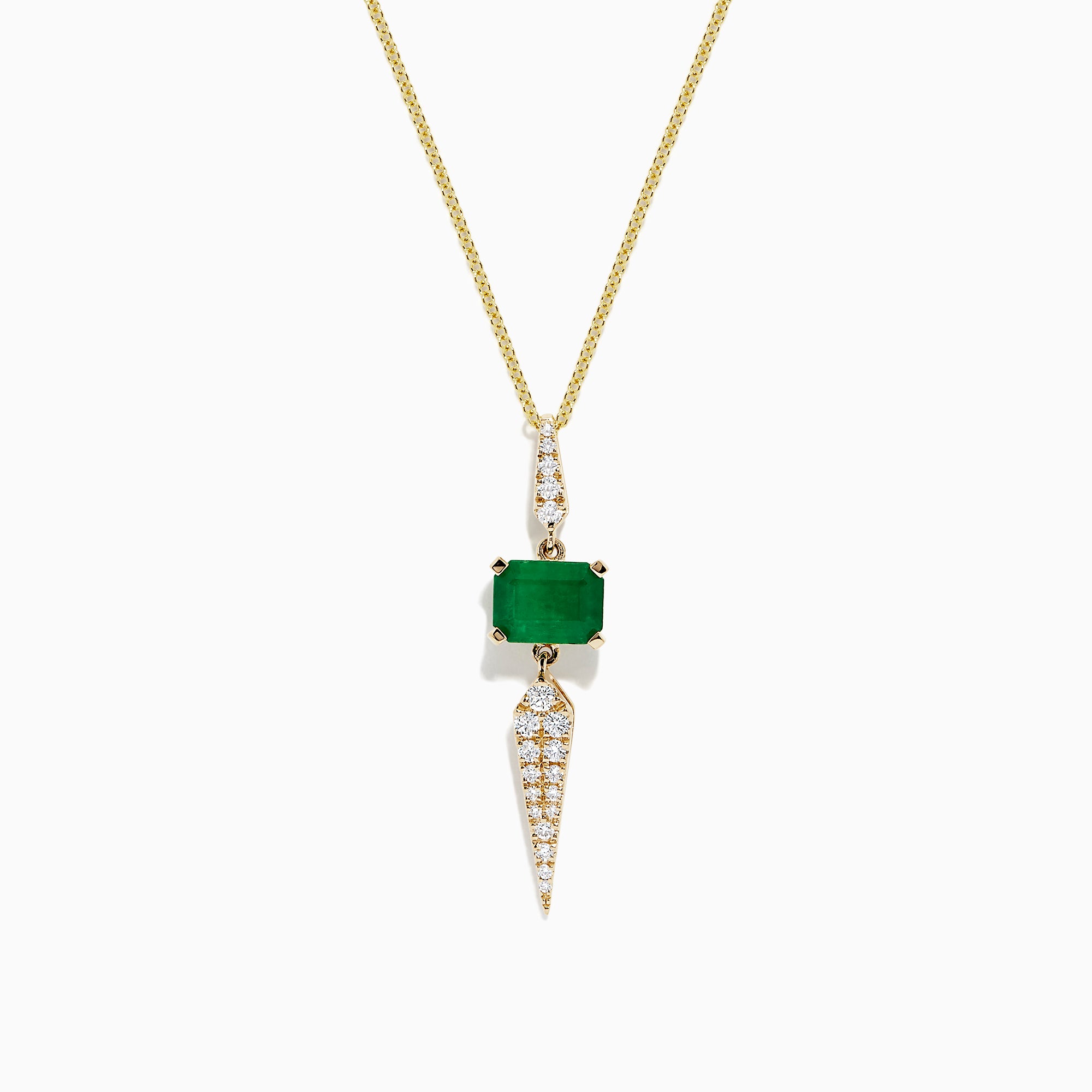 Brasilica 14K Yellow Gold Emerald and Diamond Pendant, 1.66 TCW: A yellow gold necklace with an emerald pendant above a pointed drop adorned with sparkling white diamonds.