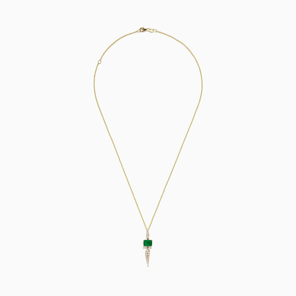 Brasilica 14K Yellow Gold Emerald and Diamond Pendant, 1.66 TCW: A yellow gold necklace with an emerald pendant above a pointed drop adorned with sparkling white diamonds.