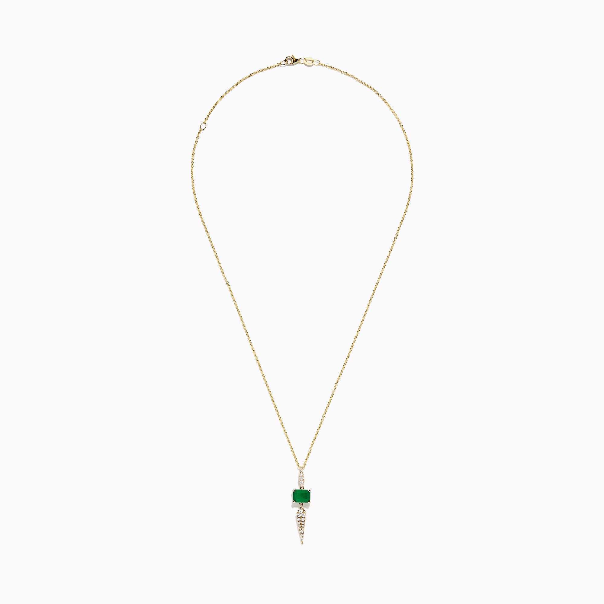 Brasilica 14K Yellow Gold Emerald and Diamond Pendant, 1.66 TCW: A yellow gold necklace with an emerald pendant above a pointed drop adorned with sparkling white diamonds.