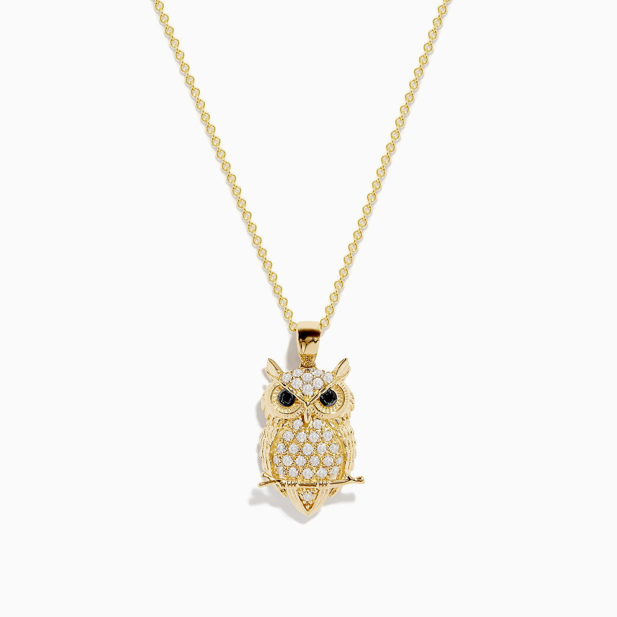 The Safari 14K Yellow Gold Black and White Diamond Owl Pendant features clear stones with black and white diamond eyes, all on a delicate gold chain.