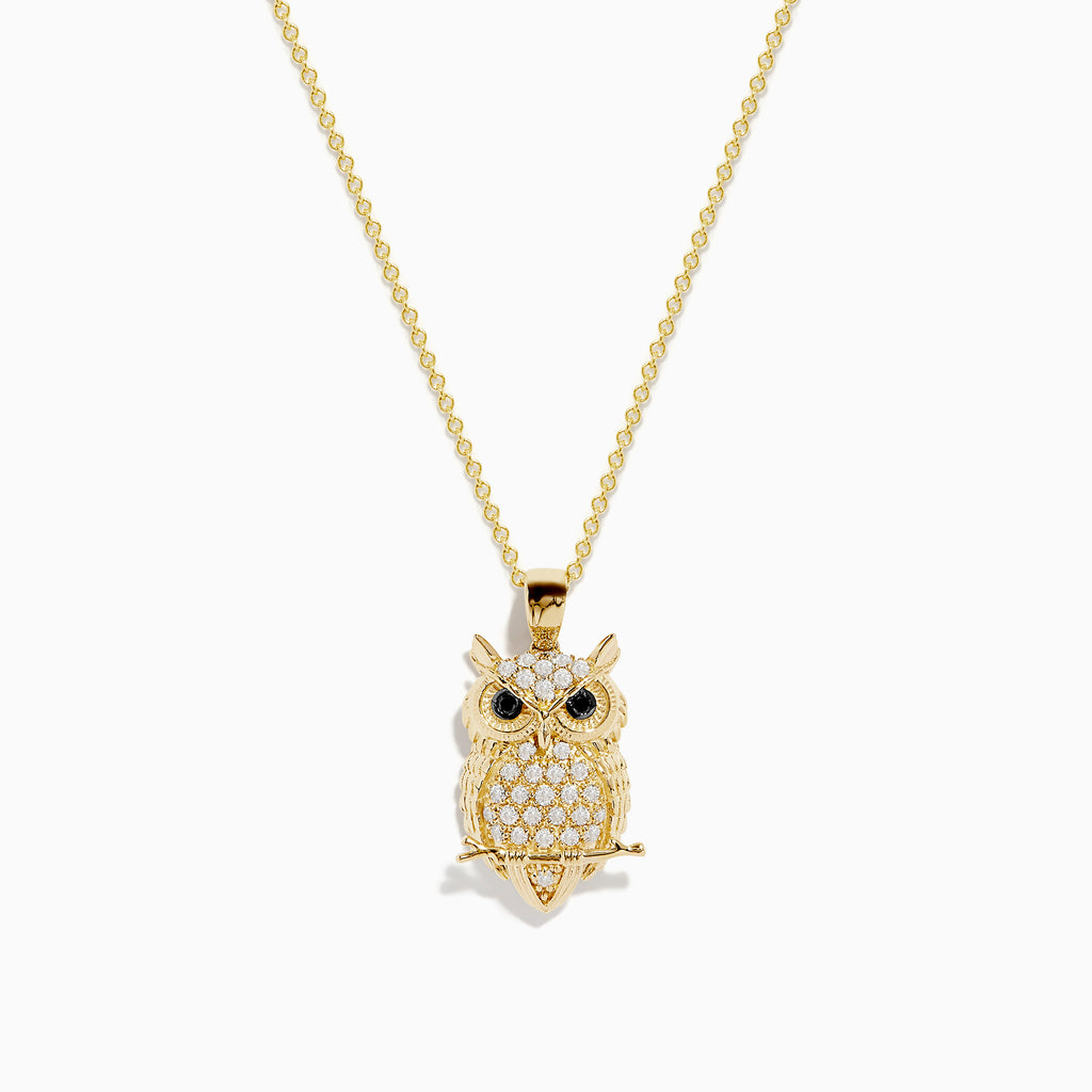 Effy Safari 14K Yellow Gold Black and White Diamond Owl Pendant
