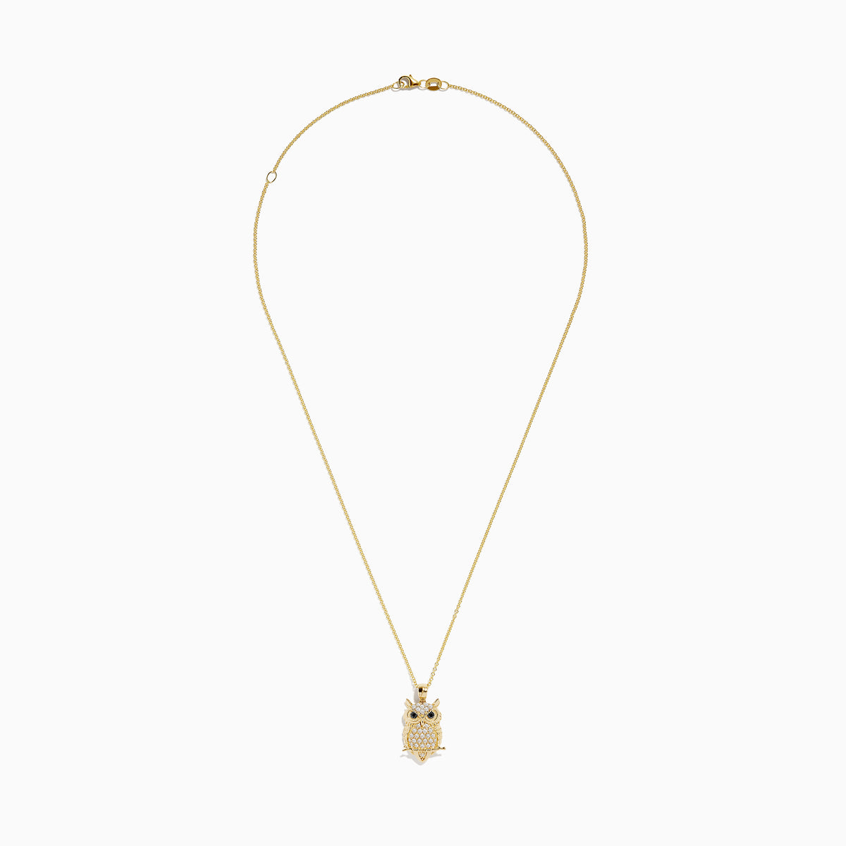 The Safari 14K Yellow Gold Black and White Diamond Owl Pendant features clear stones with black and white diamond eyes, all on a delicate gold chain.