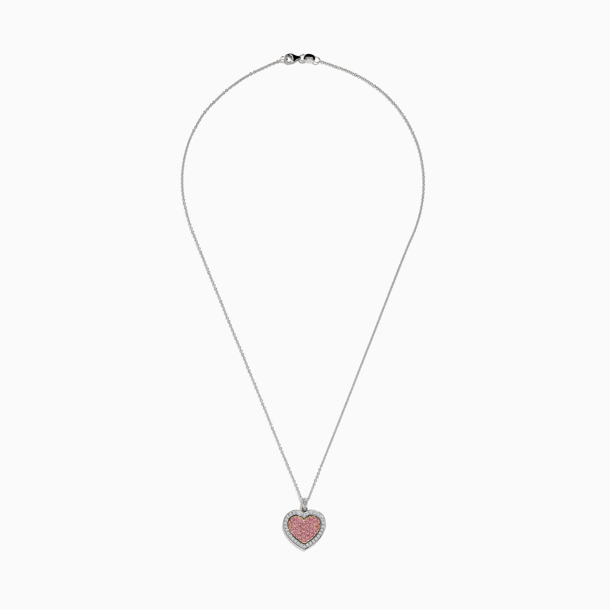 The 18K Two-Tone Gold White and Pink Diamond Heart Pendant features pink diamonds at the center, accented by a border of sparkling white diamonds for a stunning look.