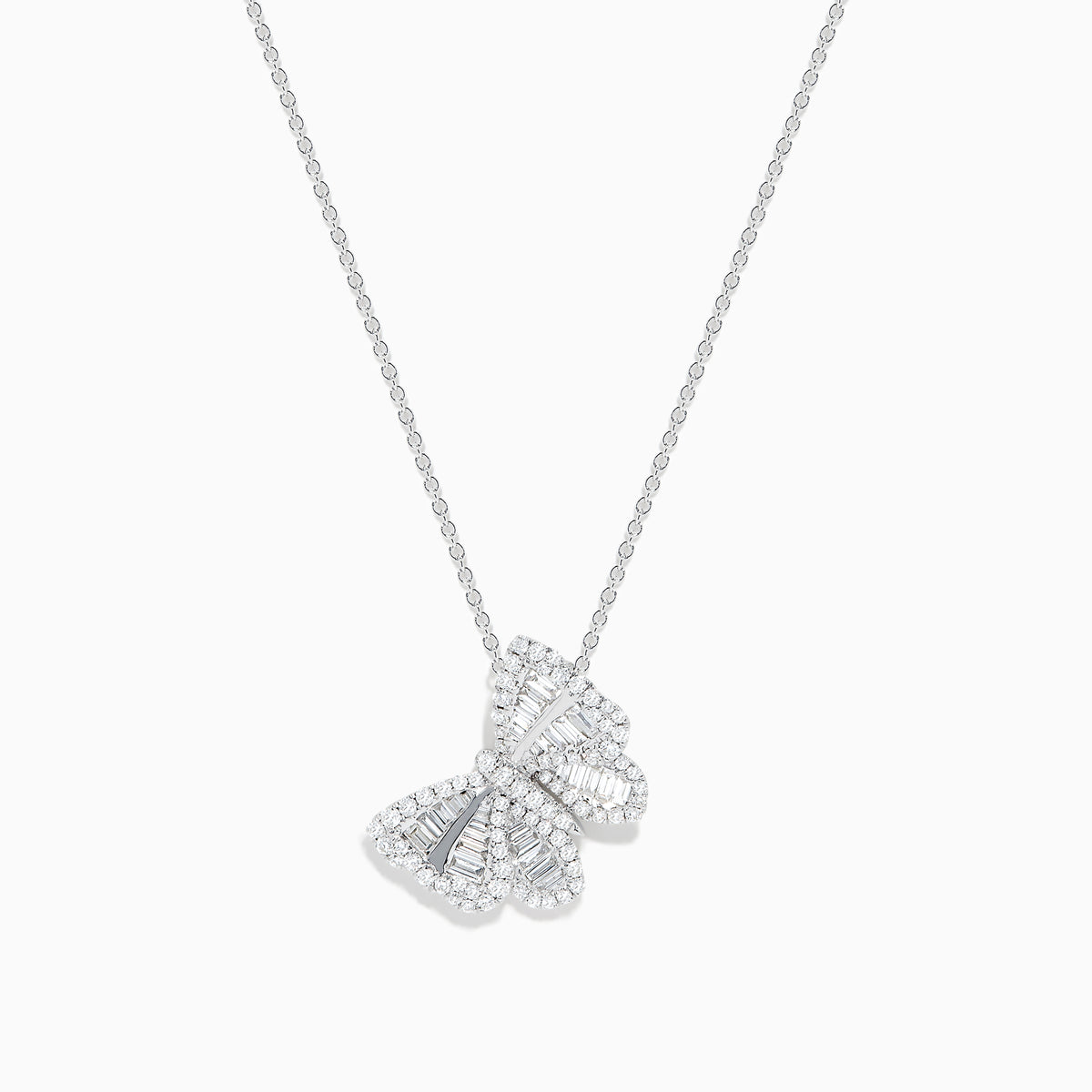 The Nature 14K White Gold Diamond Butterfly Pendant features a delicate butterfly encrusted with sparkling diamonds on a fine white gold chain, shown against a white background.