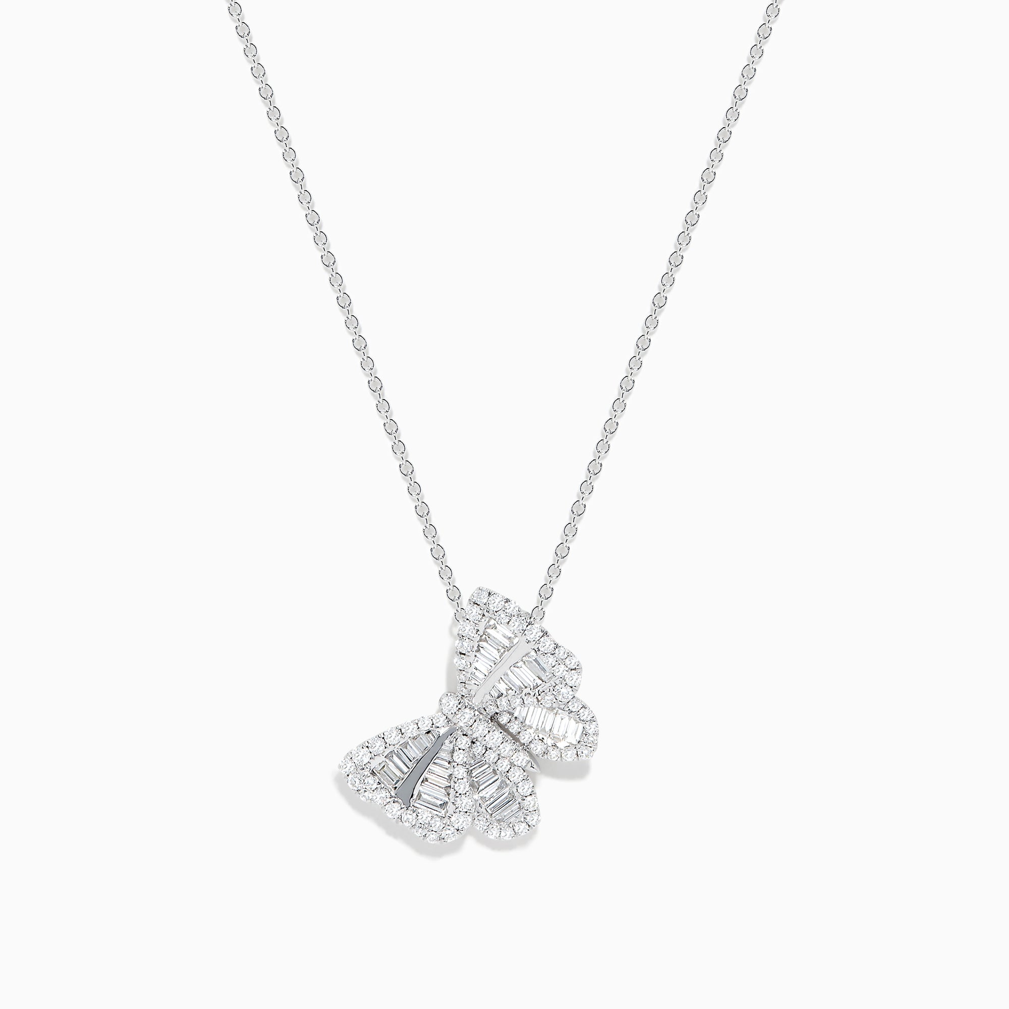 The Nature 14K White Gold Diamond Butterfly Pendant features a delicate butterfly encrusted with sparkling diamonds on a fine white gold chain, shown against a white background.