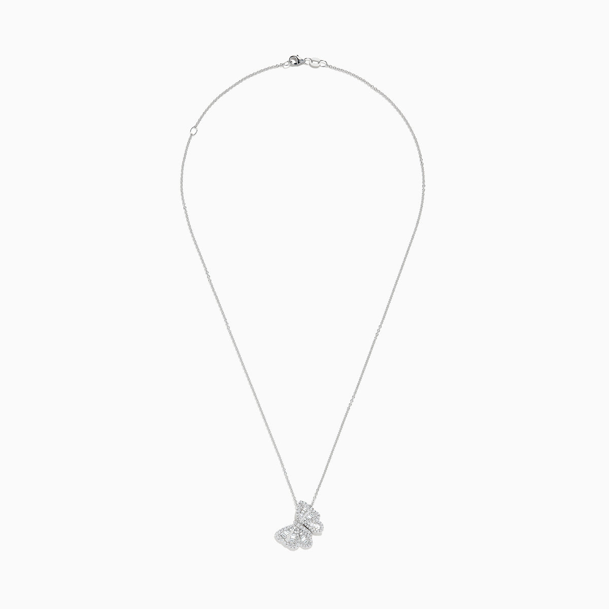 The Nature 14K White Gold Diamond Butterfly Pendant features a delicate butterfly encrusted with sparkling diamonds on a fine white gold chain, shown against a white background.