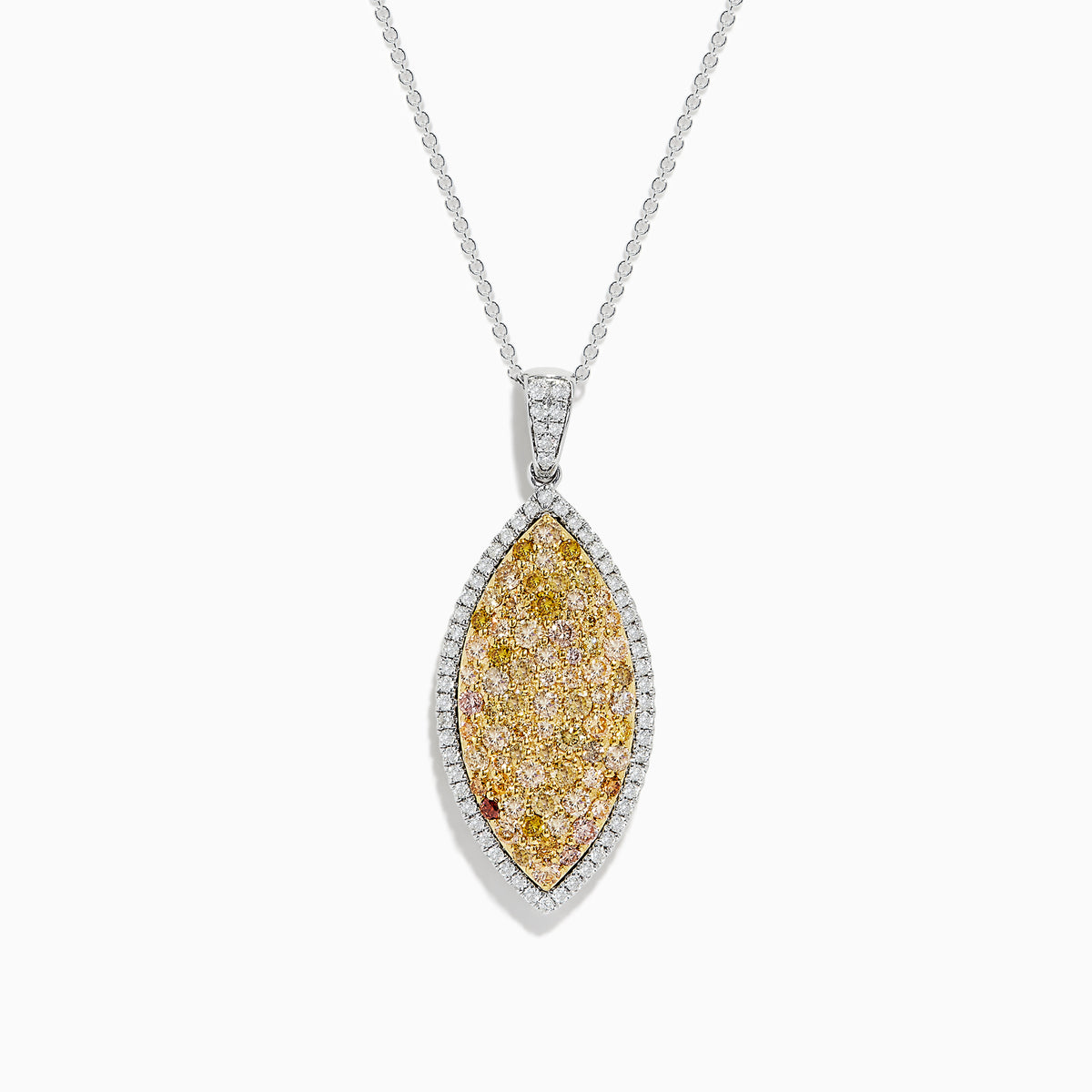 The 14K Two Tone Gold Marquise Shaped Multi Color Diamond Pendant features a fine chain, multi-color diamonds at the center, a border of white stones, and totals 2.01 TCW.
