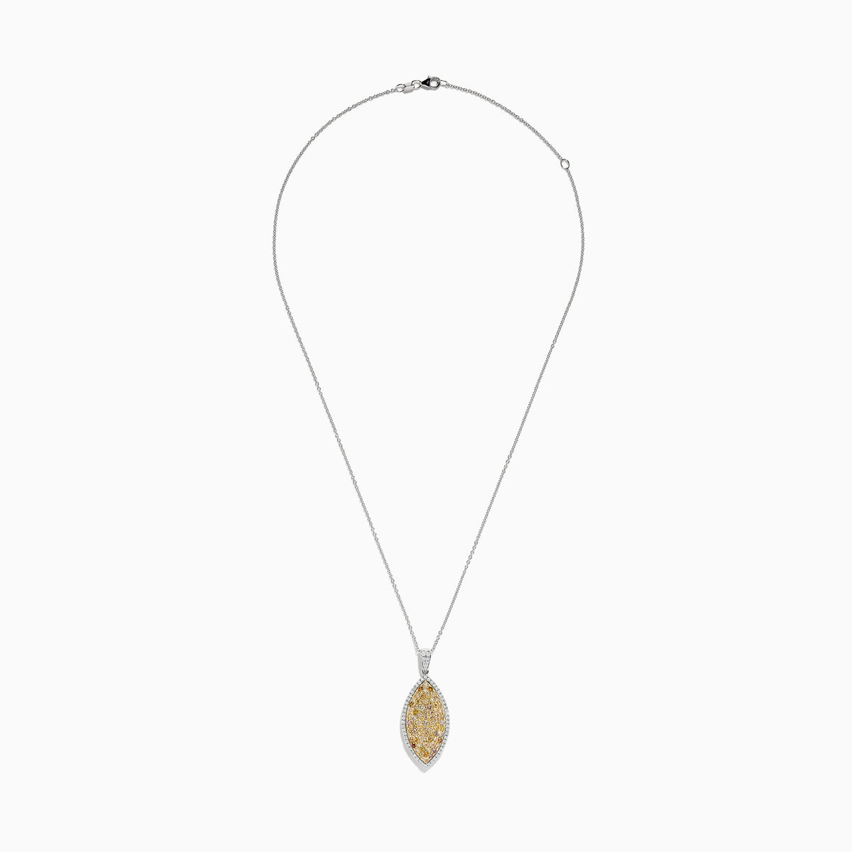 The 14K Two Tone Gold Marquise Shaped Multi Color Diamond Pendant features a fine chain, multi-color diamonds at the center, a border of white stones, and totals 2.01 TCW.