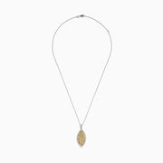 The 14K Two Tone Gold Marquise Shaped Multi Color Diamond Pendant features a fine chain, multi-color diamonds at the center, a border of white stones, and totals 2.01 TCW.