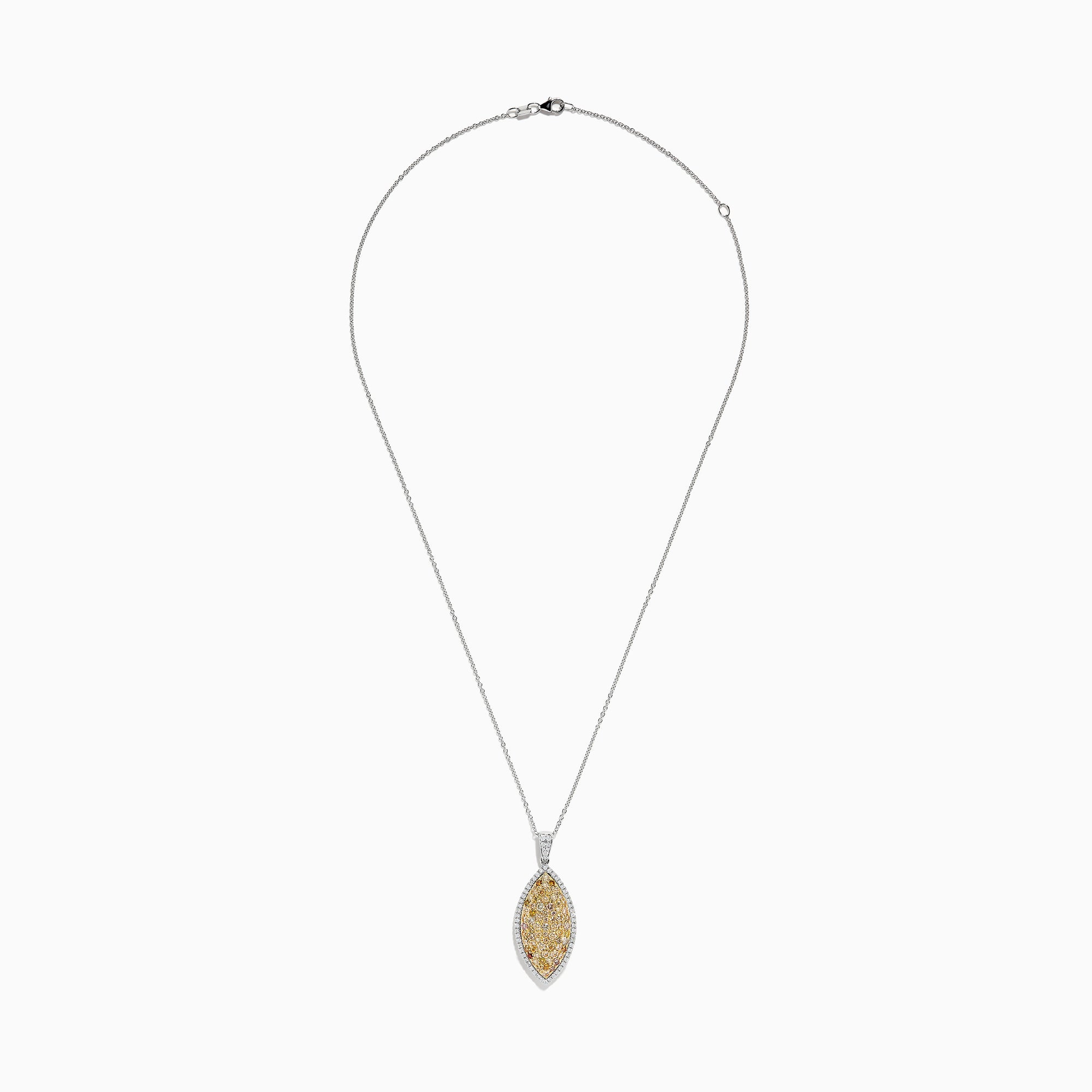 The 14K Two Tone Gold Marquise Shaped Multi Color Diamond Pendant features a fine chain, multi-color diamonds at the center, a border of white stones, and totals 2.01 TCW.