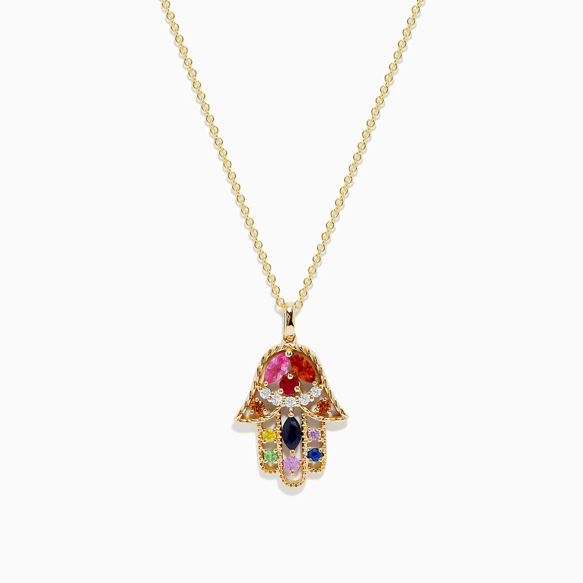 The Watercolors 14K Multi Sapphire and Diamond Hamsa Pendant is a gold chain necklace adorned with colorful sapphires in red, pink, green, blue, yellow, and sparkling diamond accents for intricate detail.