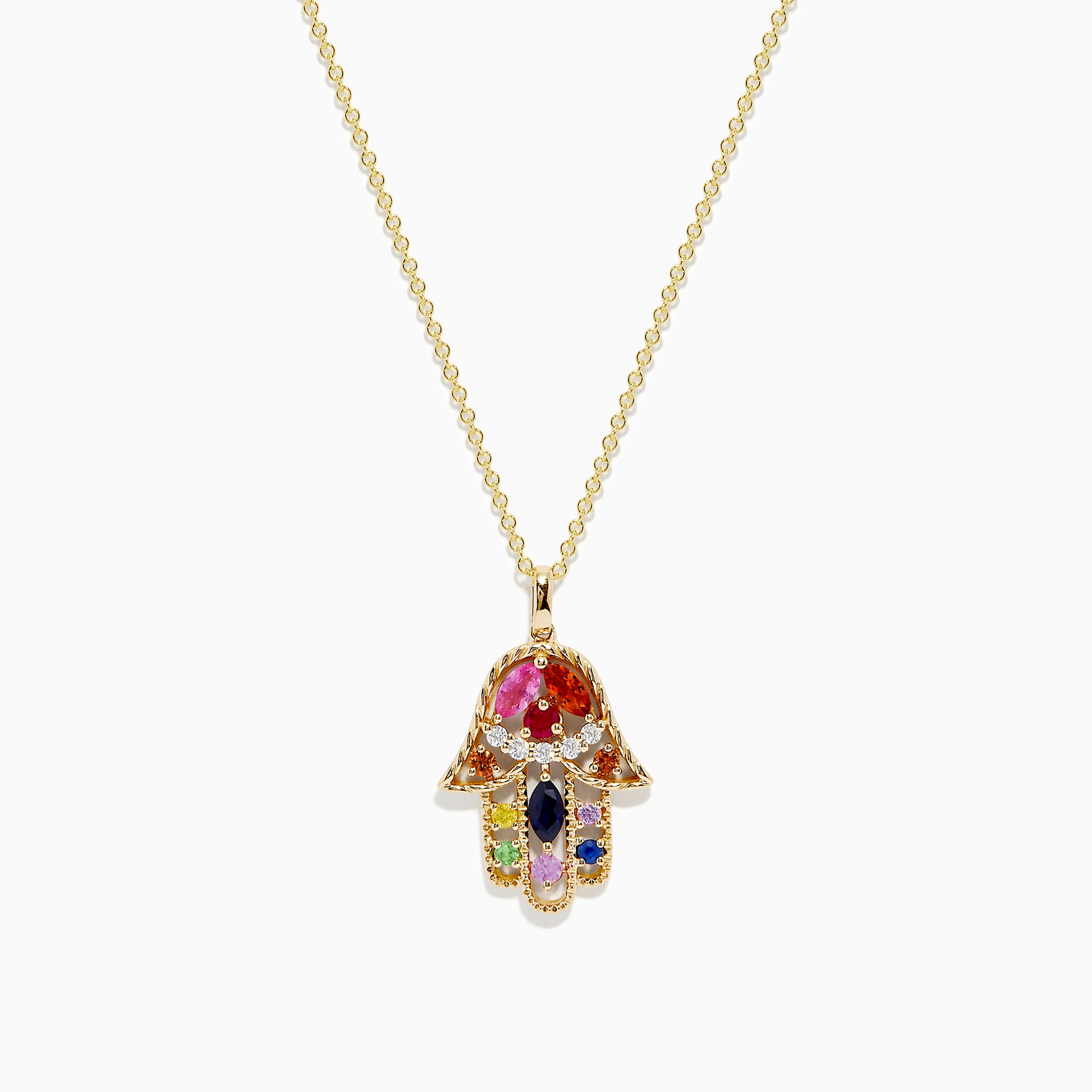 The Watercolors 14K Multi Sapphire and Diamond Hamsa Pendant is a gold chain necklace adorned with colorful sapphires in red, pink, green, blue, yellow, and sparkling diamond accents for intricate detail.