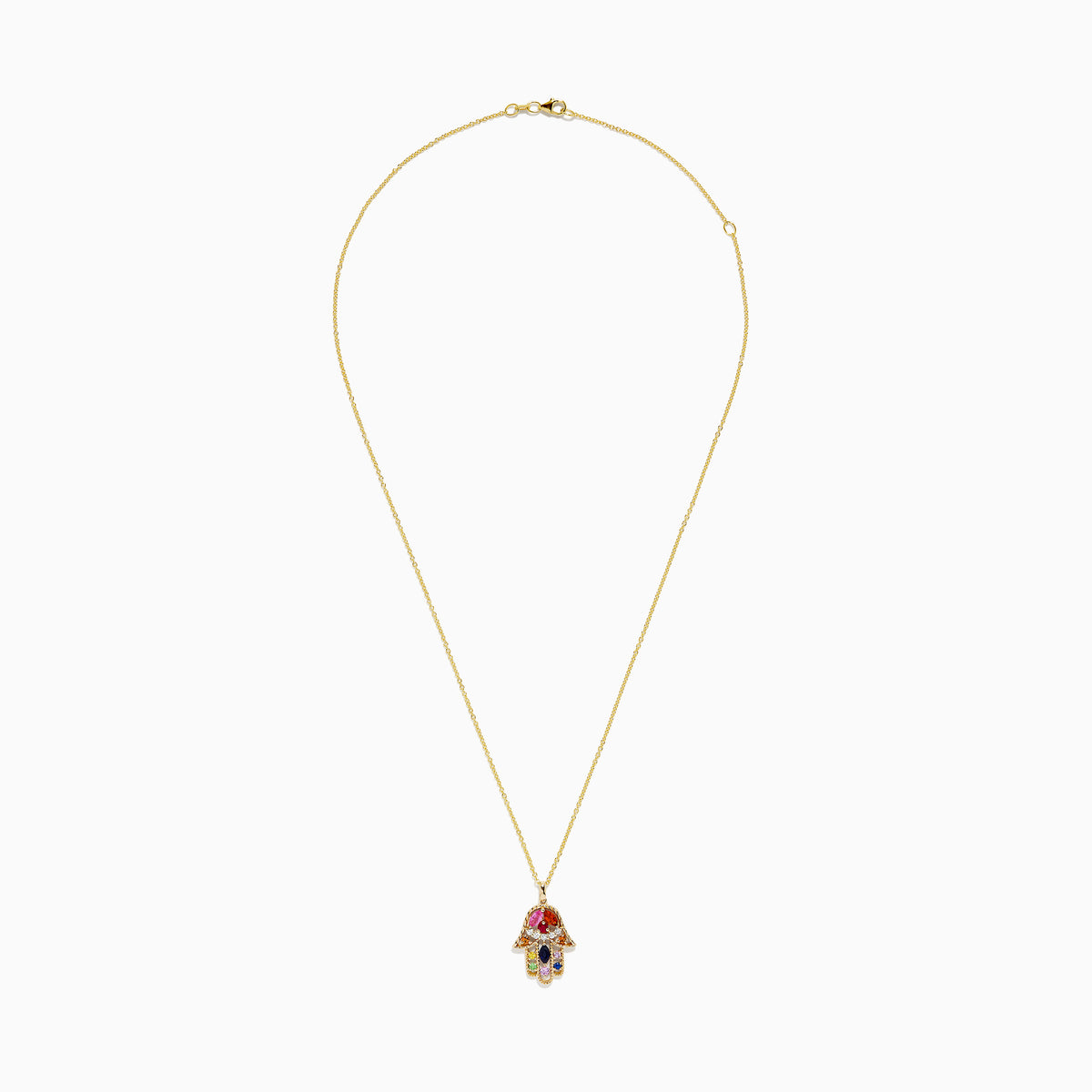 The Watercolors 14K Multi Sapphire and Diamond Hamsa Pendant is a gold chain necklace adorned with colorful sapphires in red, pink, green, blue, yellow, and sparkling diamond accents for intricate detail.