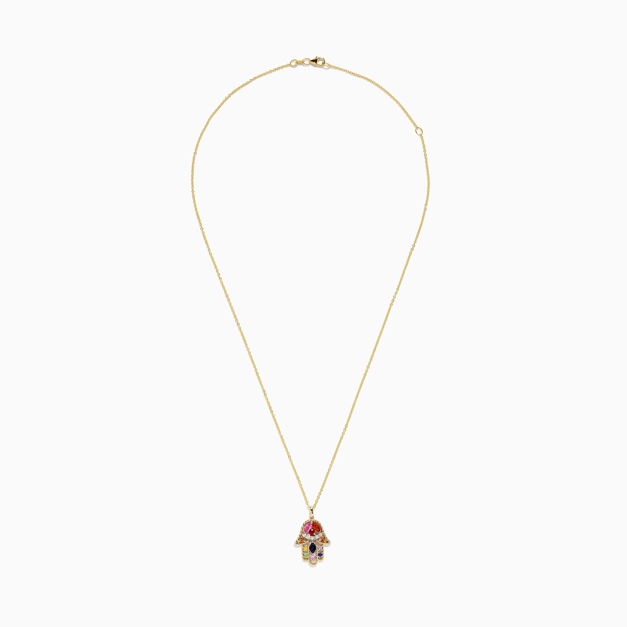 The Watercolors 14K Multi Sapphire and Diamond Hamsa Pendant is a gold chain necklace adorned with colorful sapphires in red, pink, green, blue, yellow, and sparkling diamond accents for intricate detail.