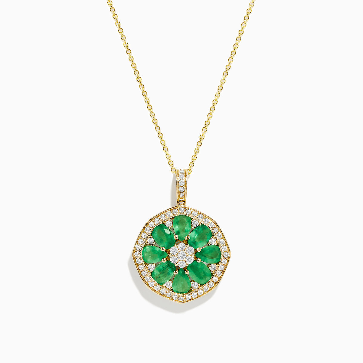 The Brasilica 14K Yellow Gold Emerald and Diamond Pendant features a flower-inspired design with emerald petals, diamond accents, and a fine gold chain.