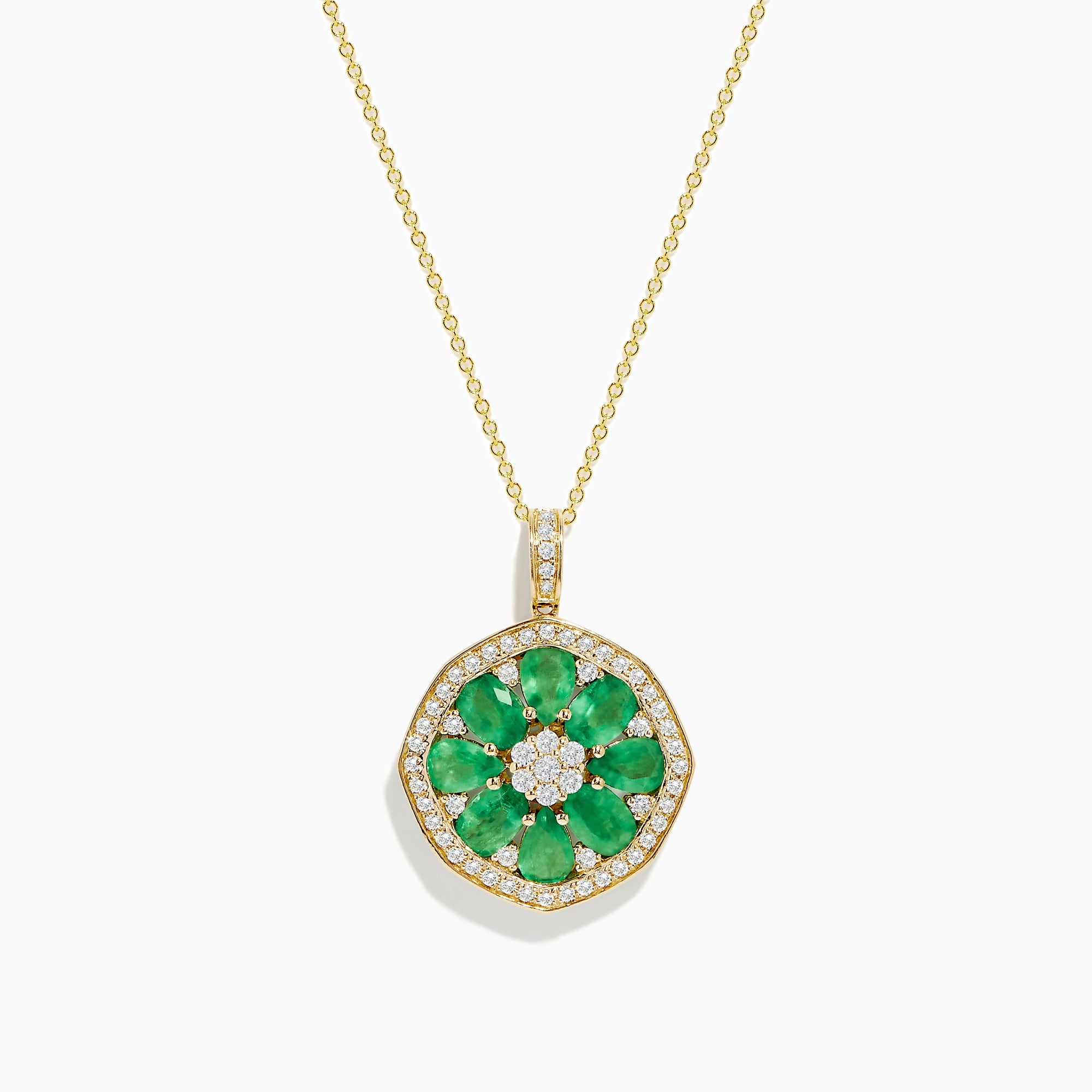The Brasilica 14K Yellow Gold Emerald and Diamond Pendant features a flower-inspired design with emerald petals, diamond accents, and a fine gold chain.