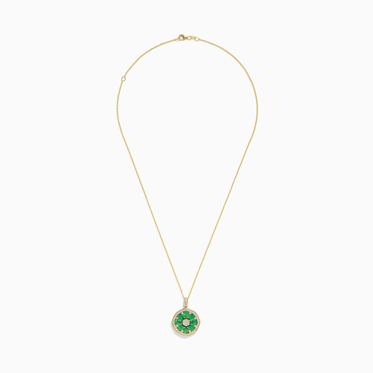 The Brasilica 14K Yellow Gold Emerald and Diamond Pendant features a flower-inspired design with emerald petals, diamond accents, and a fine gold chain.