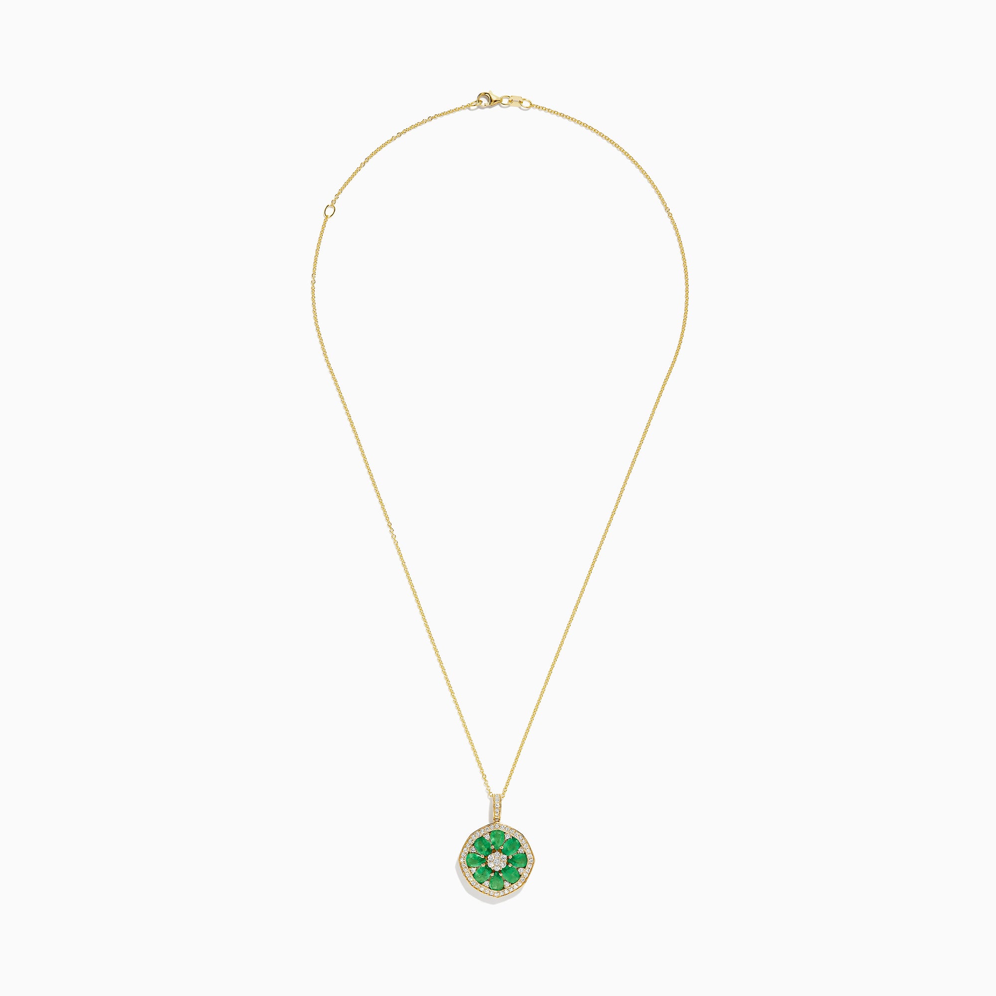 The Brasilica 14K Yellow Gold Emerald and Diamond Pendant features a flower-inspired design with emerald petals, diamond accents, and a fine gold chain.
