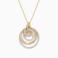 The Duo 14K Two-Tone Gold Diamond Crossover Pendant features three interlocking textured gold rings and a smooth diamond-encrusted silver ring on a gold chain, creating an elegant layered look.
