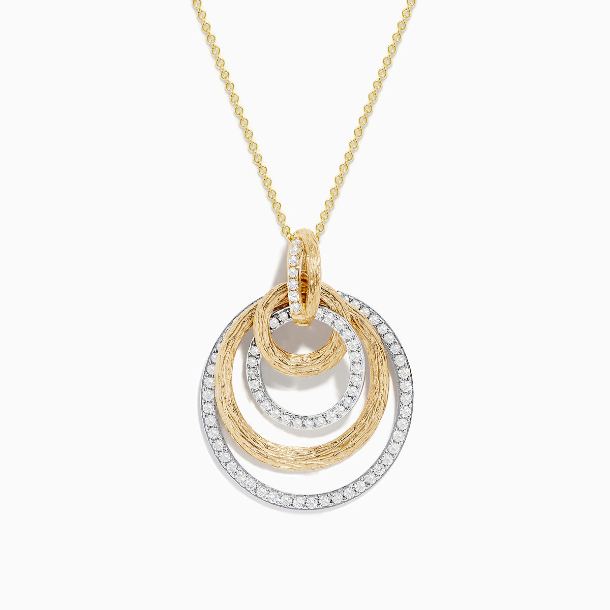 The Duo 14K Two-Tone Gold Diamond Crossover Pendant features three interlocking textured gold rings and a smooth diamond-encrusted silver ring on a gold chain, creating an elegant layered look.