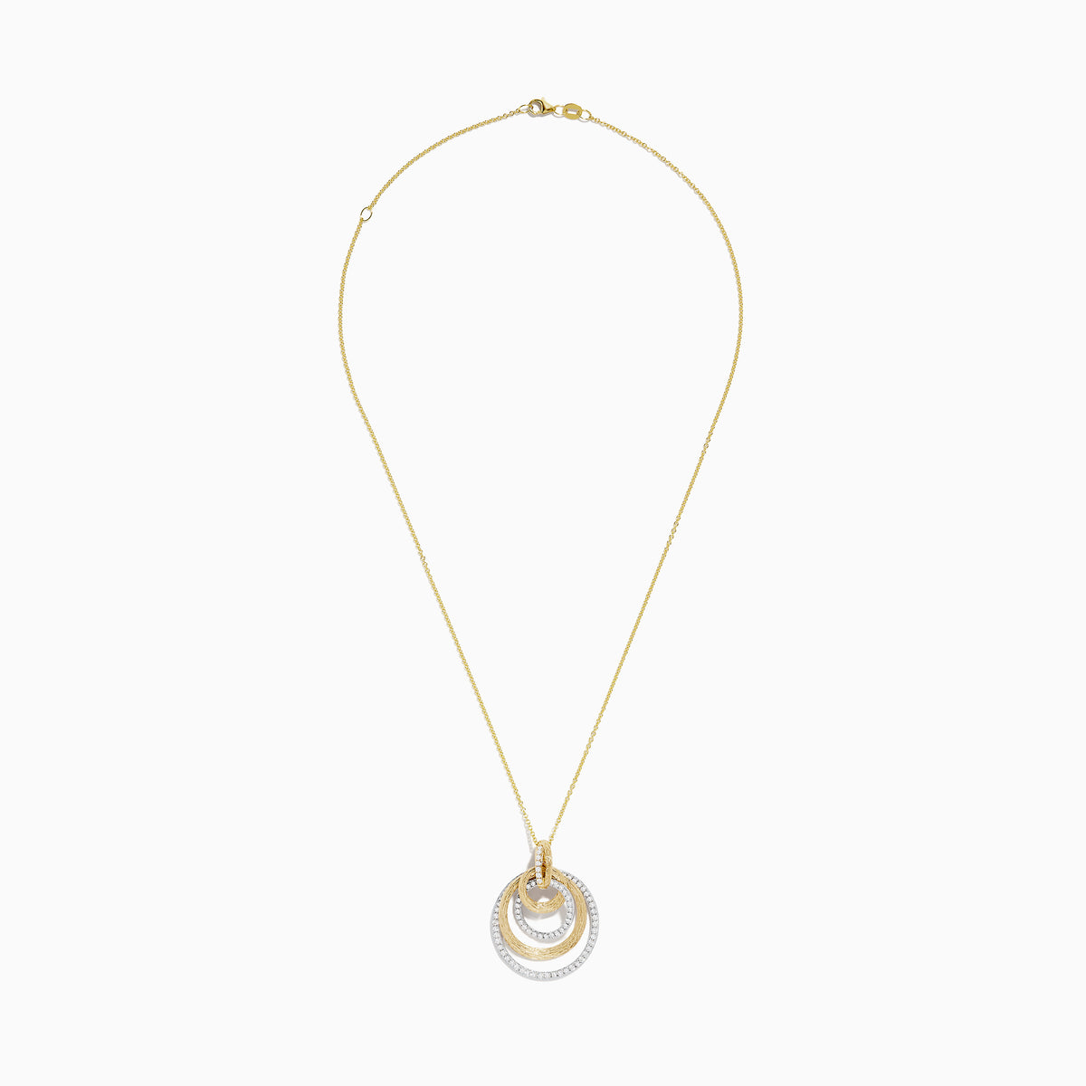 The Duo 14K Two-Tone Gold Diamond Crossover Pendant features three interlocking textured gold rings and a smooth diamond-encrusted silver ring on a gold chain, creating an elegant layered look.