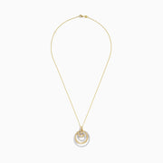 The Duo 14K Two-Tone Gold Diamond Crossover Pendant features three interlocking textured gold rings and a smooth diamond-encrusted silver ring on a gold chain, creating an elegant layered look.