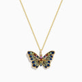 The Watercolors 14K Yellow Gold Multi Sapphire Butterfly Pendant features blue, yellow, and pink sapphires on a butterfly design, accentuating its wings and body with vibrant color.