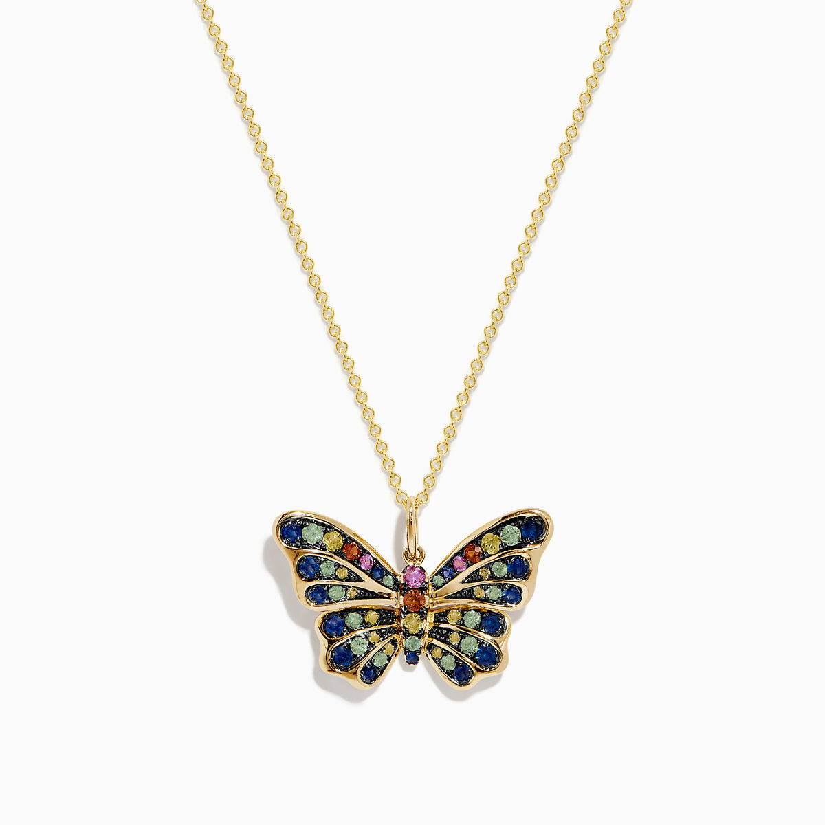 The Watercolors 14K Yellow Gold Multi Sapphire Butterfly Pendant features blue, yellow, and pink sapphires on a butterfly design, accentuating its wings and body with vibrant color.