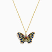 The Watercolors 14K Yellow Gold Multi Sapphire Butterfly Pendant features blue, yellow, and pink sapphires on a butterfly design, accentuating its wings and body with vibrant color.