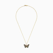 The Watercolors 14K Yellow Gold Multi Sapphire Butterfly Pendant features blue, yellow, and pink sapphires on a butterfly design, accentuating its wings and body with vibrant color.