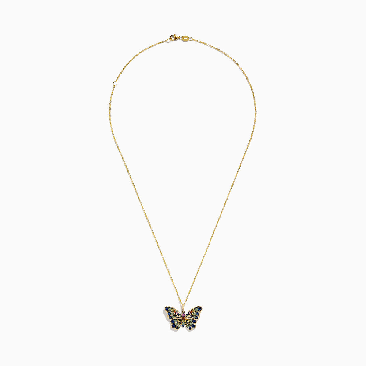 The Watercolors 14K Yellow Gold Multi Sapphire Butterfly Pendant features blue, yellow, and pink sapphires on a butterfly design, accentuating its wings and body with vibrant color.