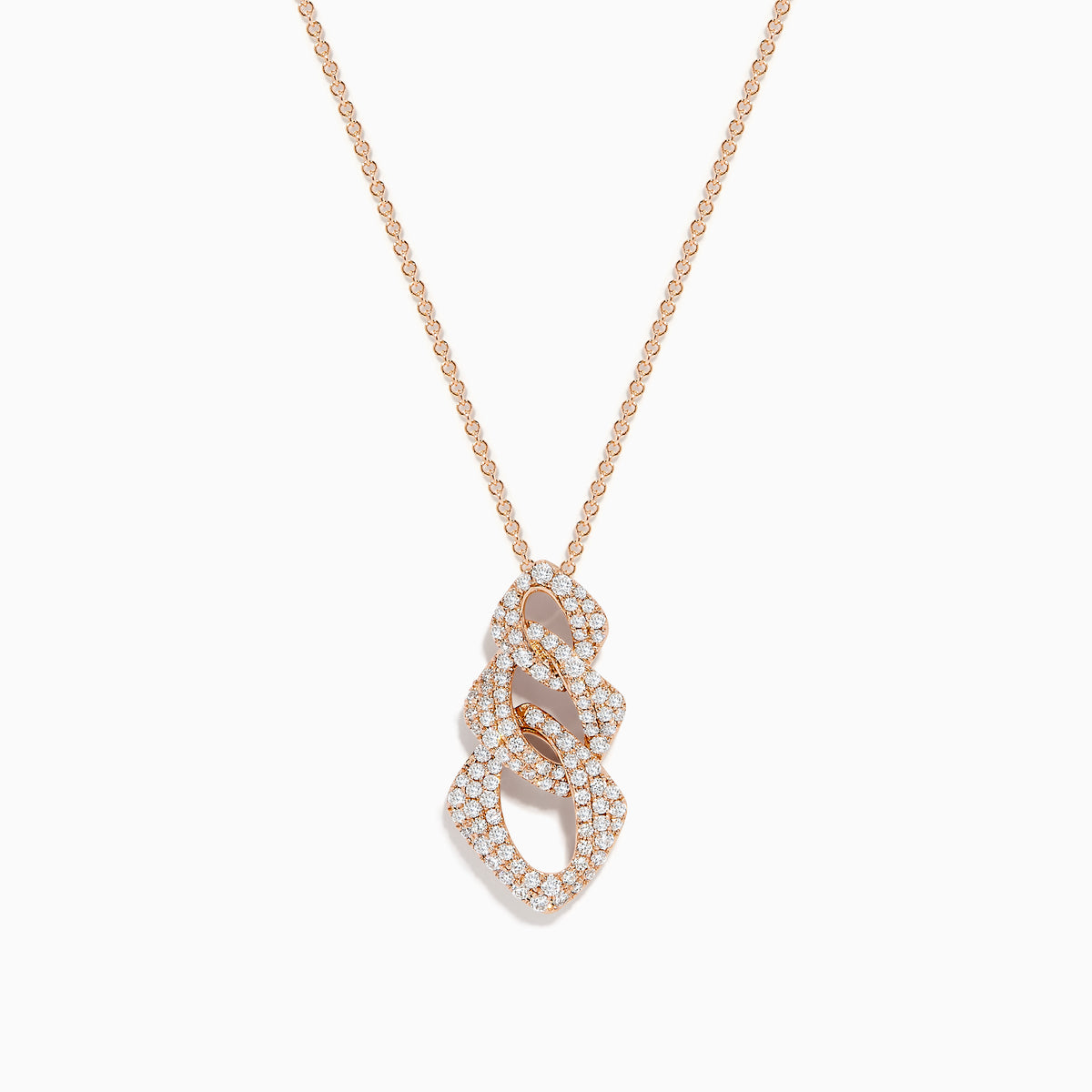 The 14K Rose Gold Diamond Crossover Pendant features an intricate design with sparkling diamonds, showcased on a rose gold chain against a white background.