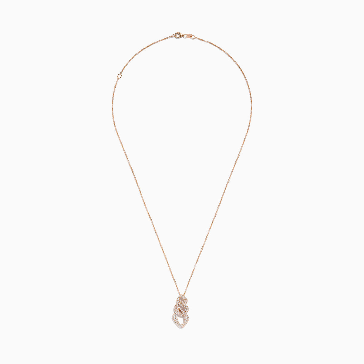 The 14K Rose Gold Diamond Crossover Pendant features an intricate design with sparkling diamonds, showcased on a rose gold chain against a white background.