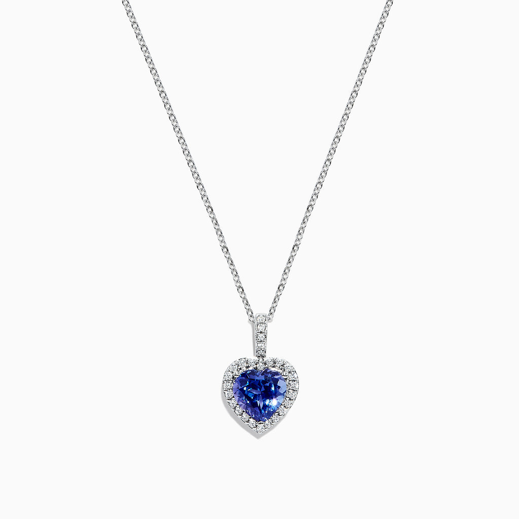 The Nahla Siri 14K White Gold Tanzanite and Diamond Heart Pendant, 2.32 TCW, features a heart-shaped blue tanzanite surrounded by sparkling diamonds, shown on a white background.