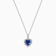 The Nahla Siri 14K White Gold Tanzanite and Diamond Heart Pendant, 2.32 TCW, features a heart-shaped blue tanzanite surrounded by sparkling diamonds, shown on a white background.