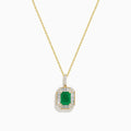 The 14K Yellow Gold Baguette Diamond Halo Emerald Pendant features a rectangular emerald framed by baguette and round diamonds, set in yellow gold with a decorative border, displayed against a white background.