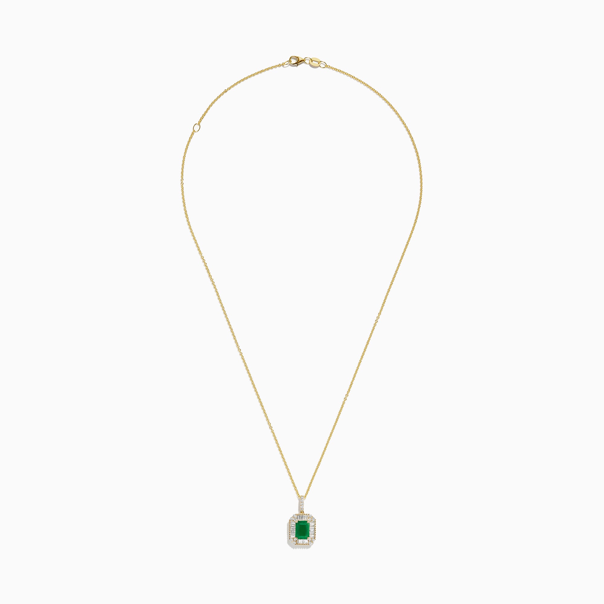 The 14K Yellow Gold Baguette Diamond Halo Emerald Pendant features a rectangular emerald framed by baguette and round diamonds, set in yellow gold with a decorative border, displayed against a white background.