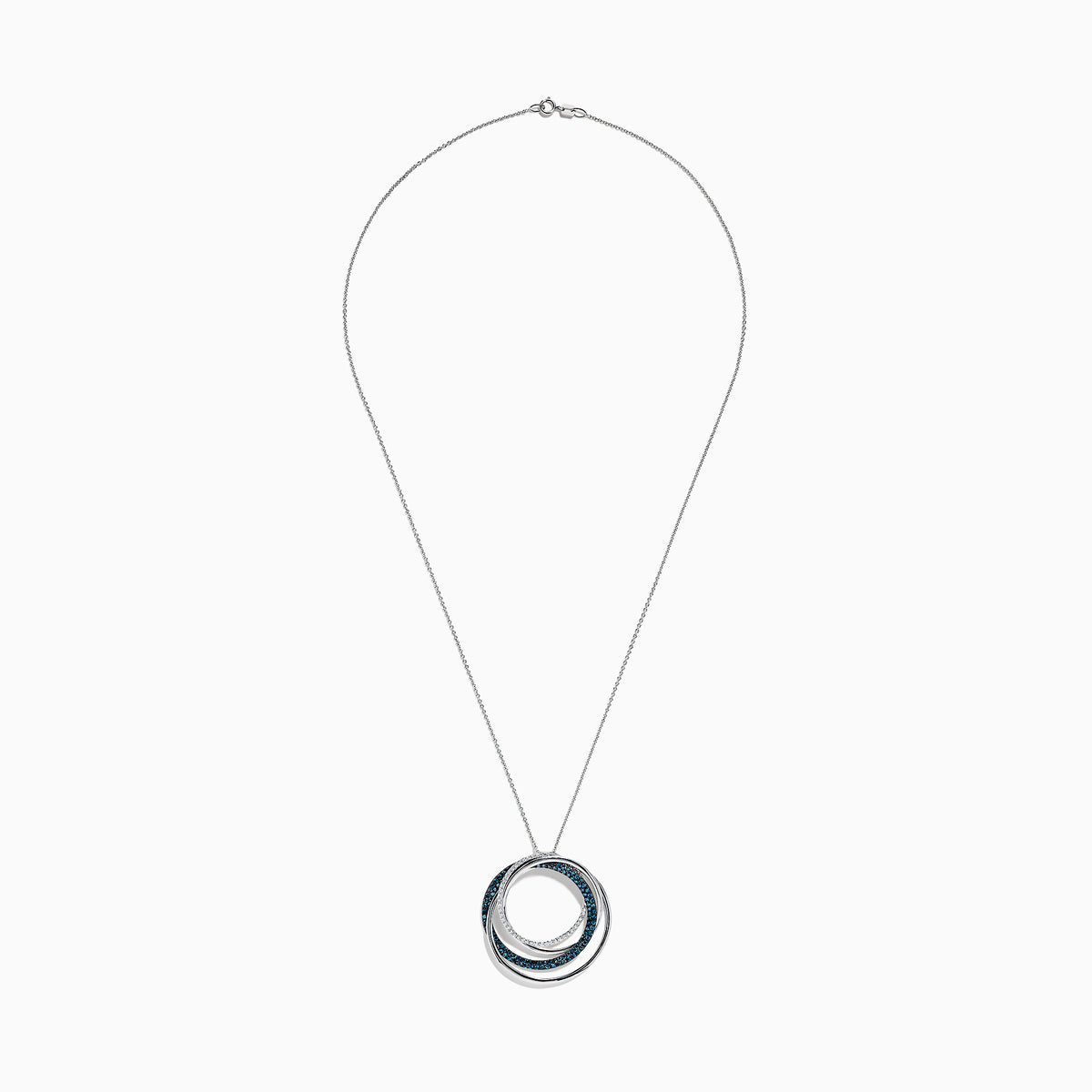 The Bella Bleu 14K White Gold Blue and White Diamond Pendant (0.98 TCW) showcases interlocking circles—one with blue diamonds, one with white—suspended from a delicate white gold chain against a white background.