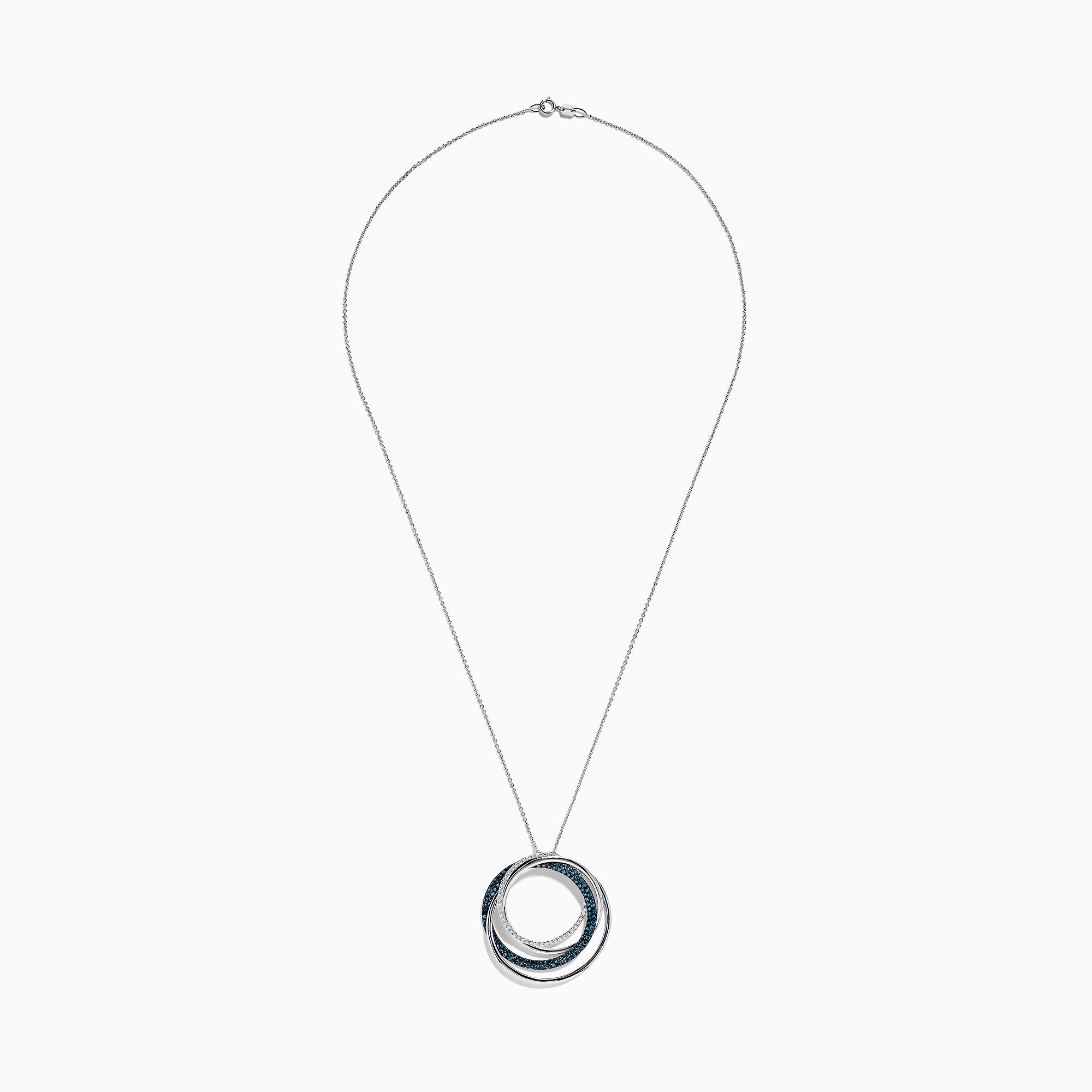 The Bella Bleu 14K White Gold Blue and White Diamond Pendant (0.98 TCW) showcases interlocking circles—one with blue diamonds, one with white—suspended from a delicate white gold chain against a white background.