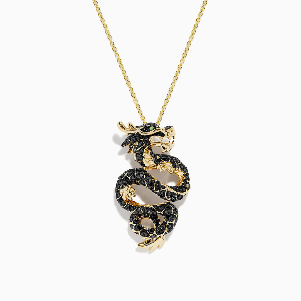 The Safari 14K Yellow Gold Black and White Diamond Dragon Pendant features a coiled dragon design with gold accents and sparkling black and white diamonds.