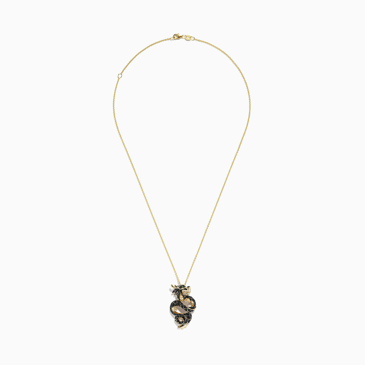 The Safari 14K Yellow Gold Black and White Diamond Dragon Pendant features a coiled dragon design with gold accents and sparkling black and white diamonds.