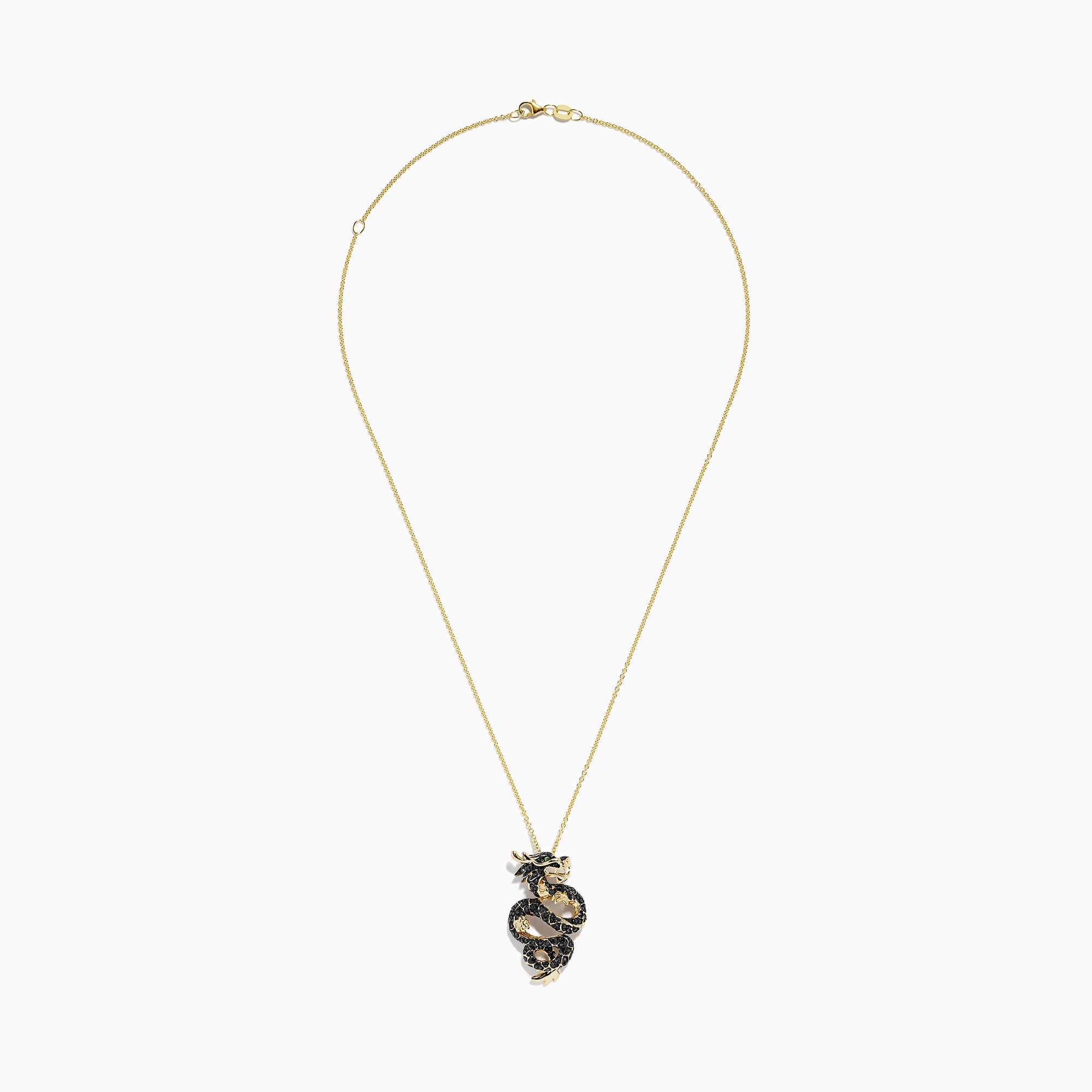 The Safari 14K Yellow Gold Black and White Diamond Dragon Pendant features a coiled dragon design with gold accents and sparkling black and white diamonds.