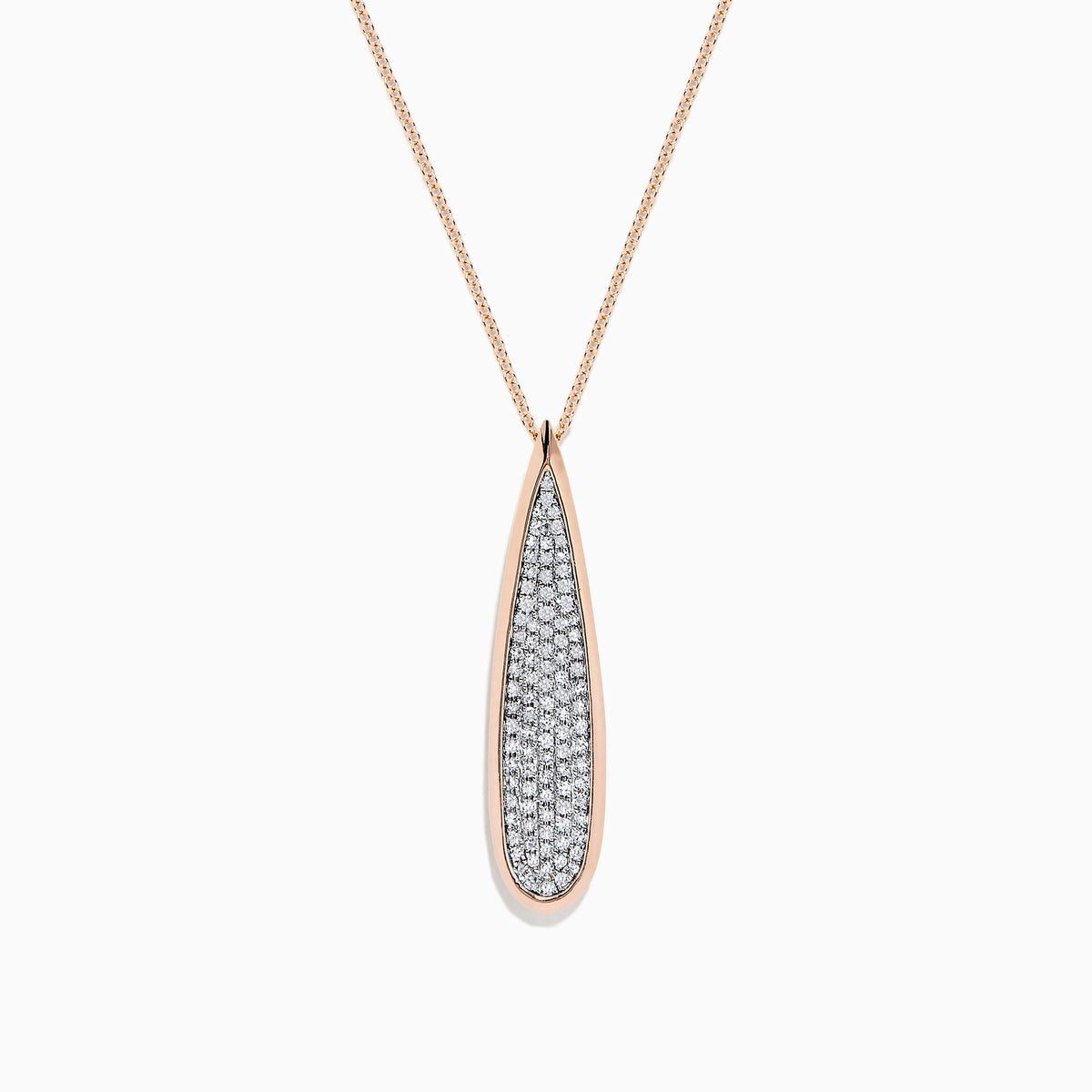 The Pave Rose 14K Rose Gold Diamond Drop Pendant (0.45 TCW) features a teardrop design with sparkling diamonds and a rose gold outline, hanging from a delicate rose gold chain against a white background.